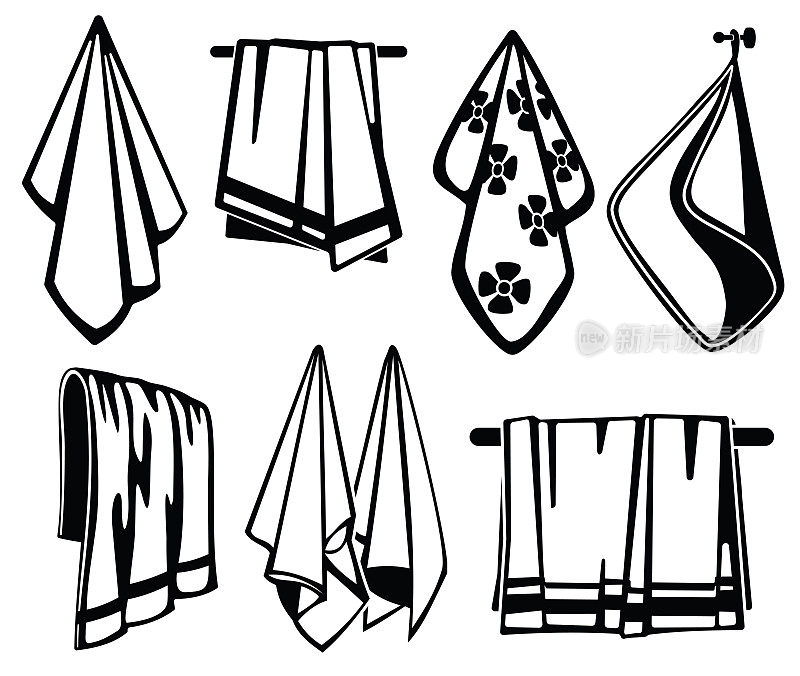 Bath, beach and kitchen soft fabric towels vector black icons